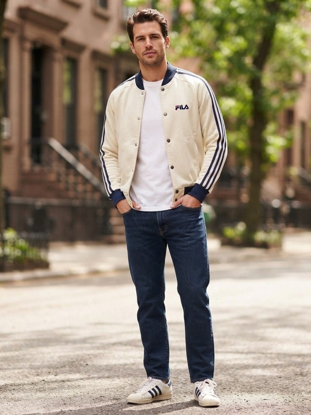 Vintage Good Condition FILA Cream Bomber Jacket with Navy Trim Collector's Item